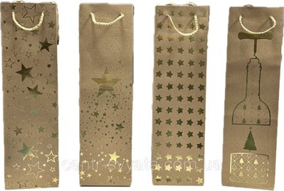 Подарунковий пакет "Золоті зірки на крафті" з фольгованням 38х11х11 см, мікс 4 шт 2020128310346 фото