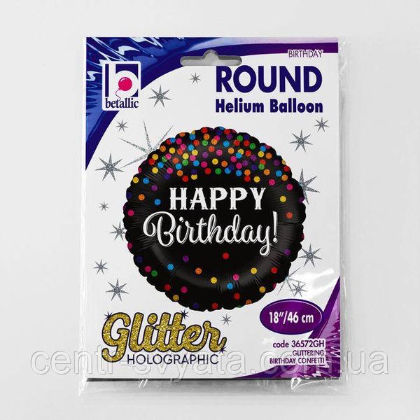 Фольгована кулька Grabo 18" (45 см) Коло Happy Birthday Яскраве конфетті на чорному тлі 030625365727 \ 4-15-А1 фото