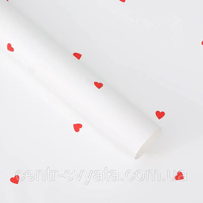 Плівка (калька) матова в листах "Сердечка червоні на білому", (58 см х 58 см) 5 листів 5000000083770 фото