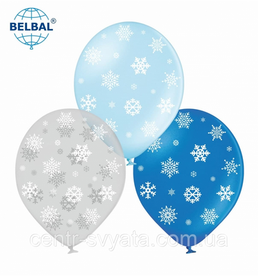 Латексна кулька BELBAL 12"(30 см) Сніжинки (метталік блакитний, прозорий, синій) 1521184011 фото