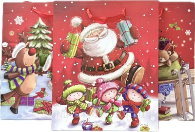 Подарунковий пакет "Санта з подарунками" з аплікацією та глітером 32х26х10 см, мікс 4 шт 6900067599131 фото