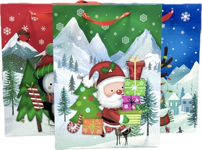 Подарунковий пакет "Новорічні звірята з Сантою" з глітером та аплікацією 40х30х12 см, мікс 4 шт 6900067598936 фото