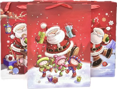 Подарунковий пакет "Санта з подарунками" з глітером та аплікацією 40х30х12 см, мікс 4 шт 6900067599148 фото