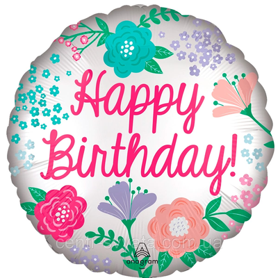 Фольгированный шарик Anagram 18"(45 см) Круг "Happy Birthday" садовые цветы 026635459419 \ 4-15-А1 фото