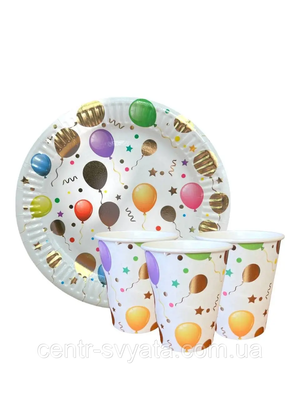 Набір святкового посуду (10 тарілок, 10 стаканів) - "Повітряні кульки" 1-5-А14 фото