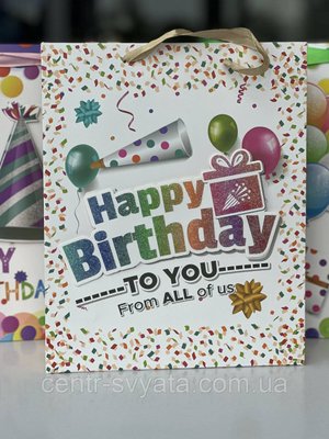 Подарунковий пакет "Happy Birthday: яскраве свято" з гліттером та аплікацією 32х26х10 см, мікс 4 шт 6900067577603 \ 2-5-А13 фото