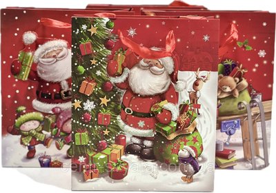 Подарунковий пакет "Санта з подарунками" з глітером та фольгуванням 23х17х8 см, мікс 4 шт 6900067599124 фото