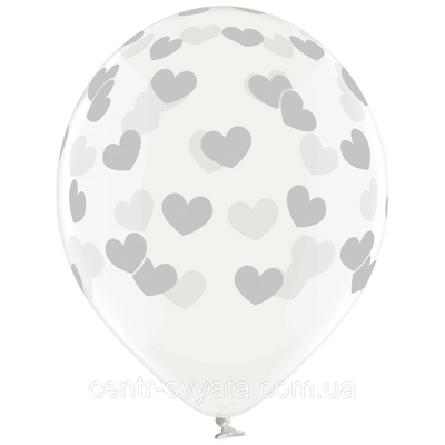 Латексна кулька BELBAL 12"(30 см) Серця великі сріблясті (на прозорому) 179 фото