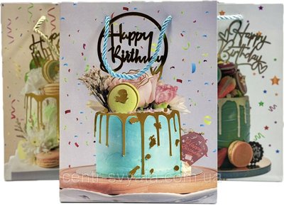 Подарунковий пакет "Happy Birthday: торт" з фольгуванням 23х17х8 см, мікс 4 шт 6900077488371 \ 2-1-А20 фото