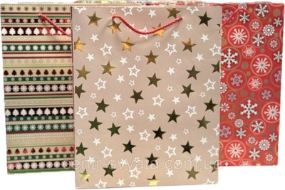 Подарунковий пакет "Новорічні зірки та сніжинки" з фольгованням 32х26х10 см, мікс 4 шт 3023173306059 фото